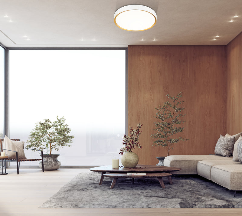 Kawan 1 Light 20" Flush Mount in Matte White + Modern Gold in a room setting