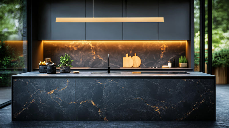 Hudson 1 Light 72" Linear Pendant in Gold in a room setting
