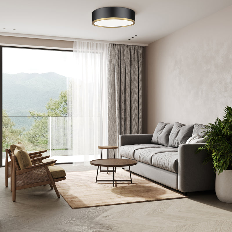 Bradley 1 Light 16" Flush Mount in Matte Black + Modern Gold in a room setting