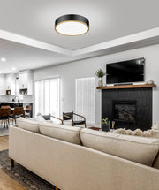 Bradley 1 Light 20.25" Flush Mount in Matte Black + Modern Gold in a room setting