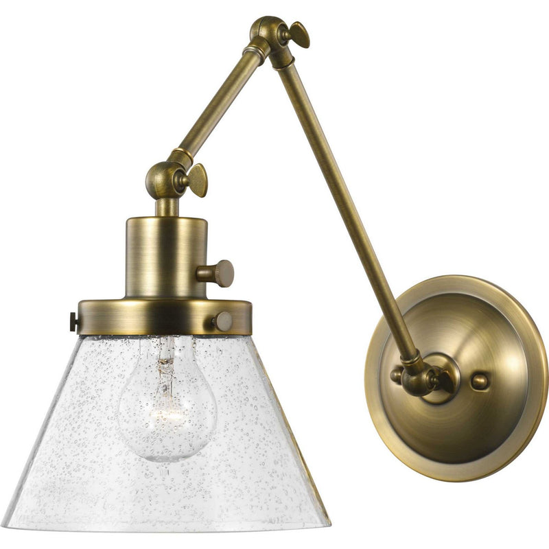Hinton Large Seeded Glass Swing Arm Wall Lamp in Vintage Brass