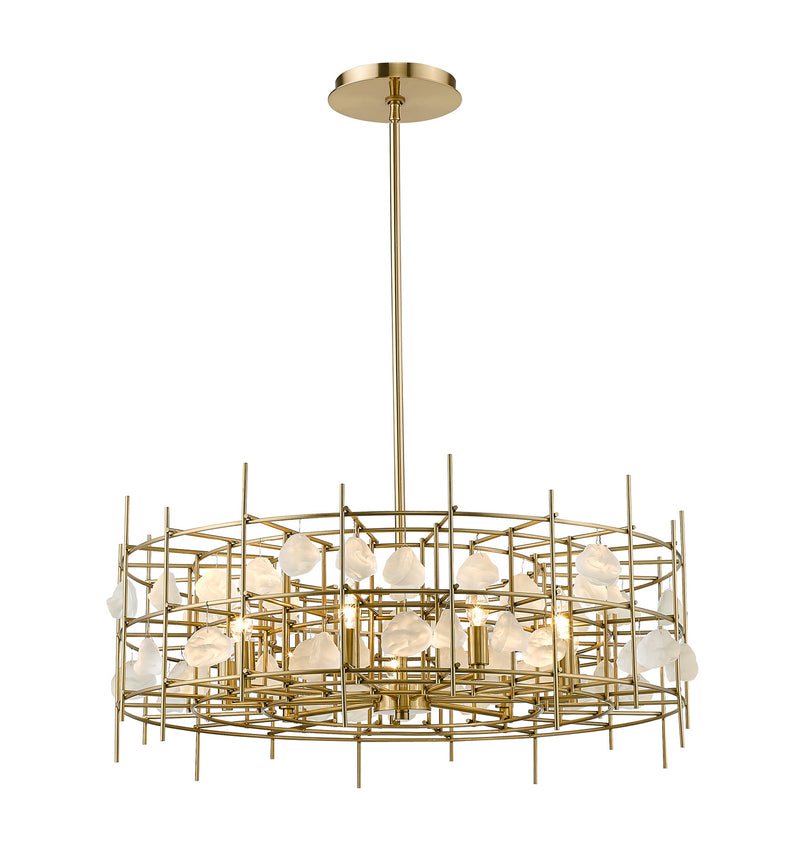 Garroway Nine Light Chandelier in Aged Brass