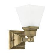 Mission Satin Glass Wall Sconce in Antique Brass