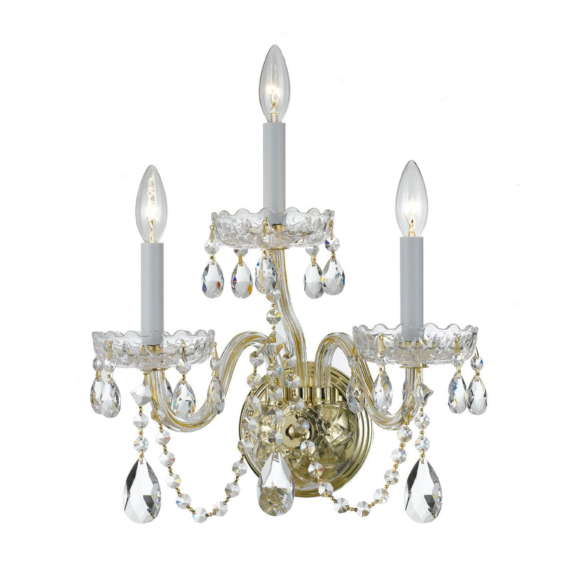 Traditional Crystal 3 Light 15" Sconce in Polished Brass