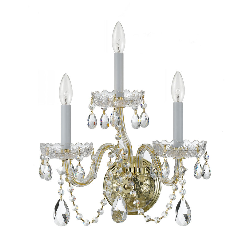 Traditional Crystal 3 Light 15" Sconce in Polished Brass