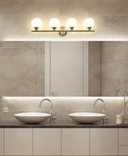 Neoma 4 Light 30" Vanity in Brushed Nickel in a room setting