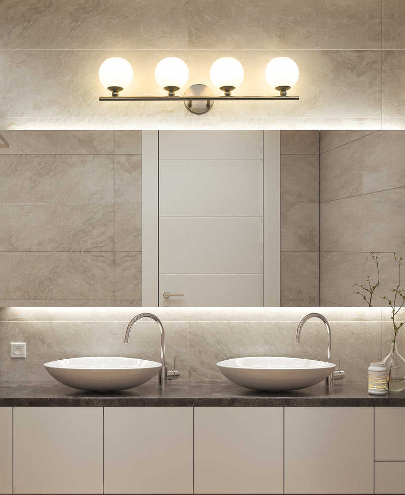 Neoma 4 Light 30" Vanity in Brushed Nickel in a room setting