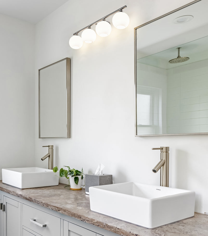 Neoma 4 Light 30" Vanity in Brushed Nickel in a room setting