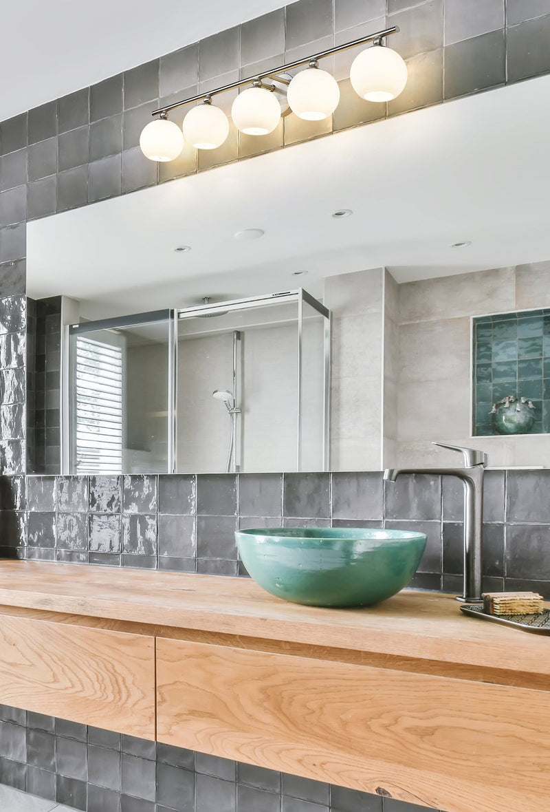 Neoma 5 Light 38.25" Vanity in Brushed Nickel in a room setting