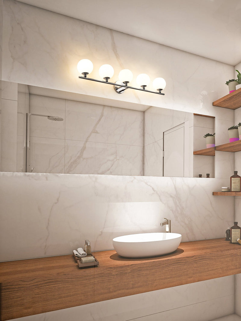 Neoma 5 Light 38.25" Vanity in Chrome in a room setting