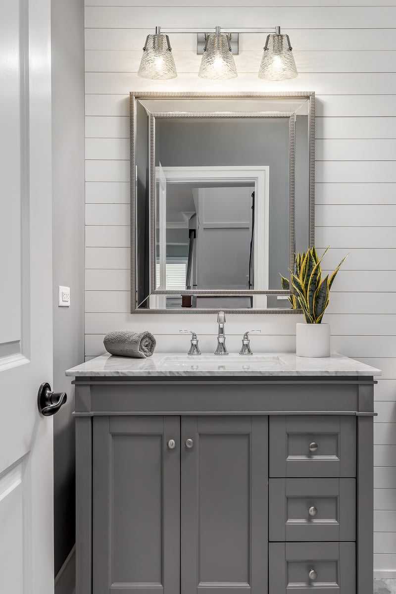 Analia 3 Light 26.25" Vanity in Brushed Nickel in a room setting