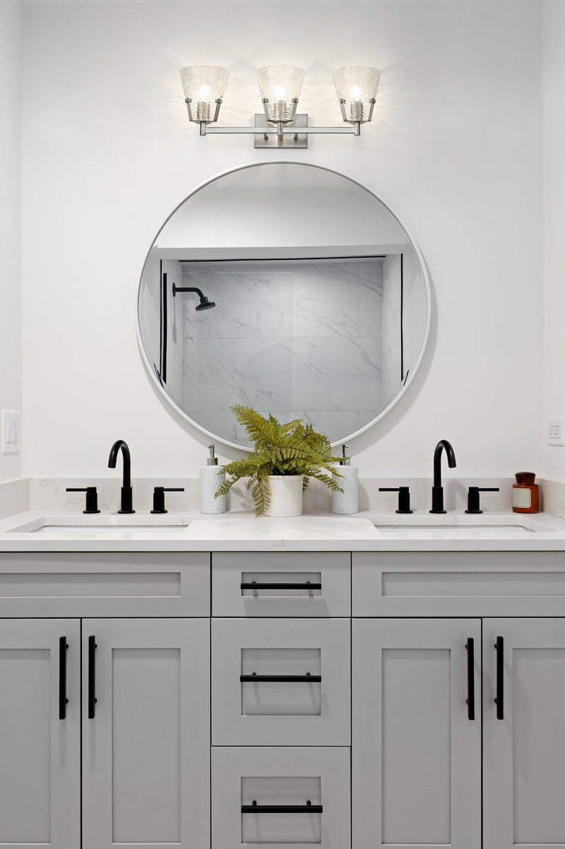 Analia 3 Light 26.25" Vanity in Brushed Nickel in a room setting