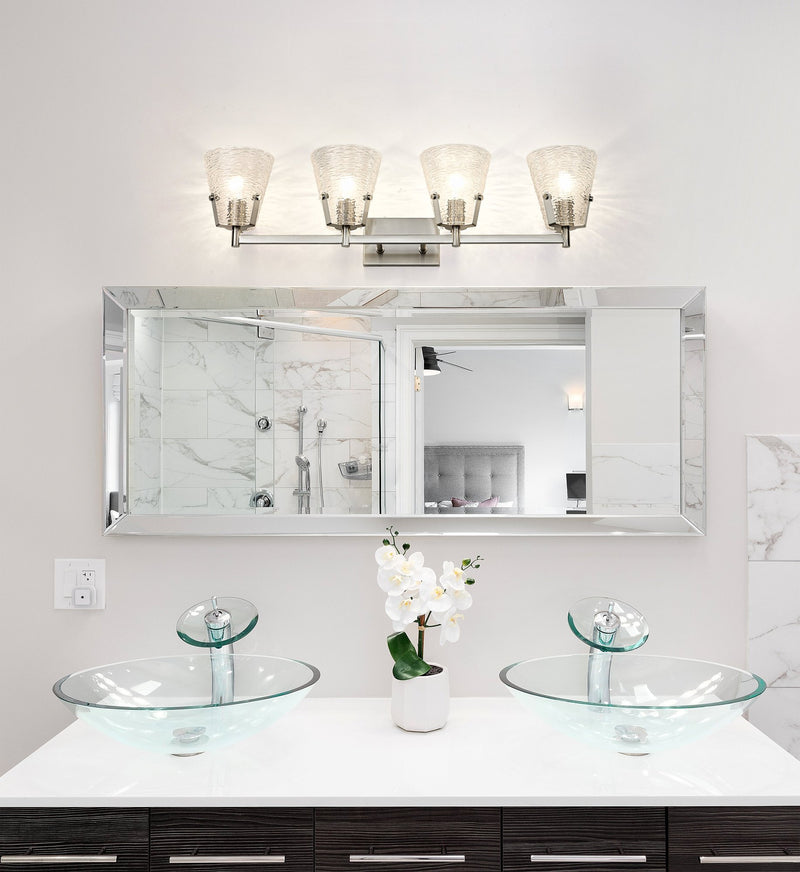 Analia 4 Light 36" Vanity in Brushed Nickel in a room setting