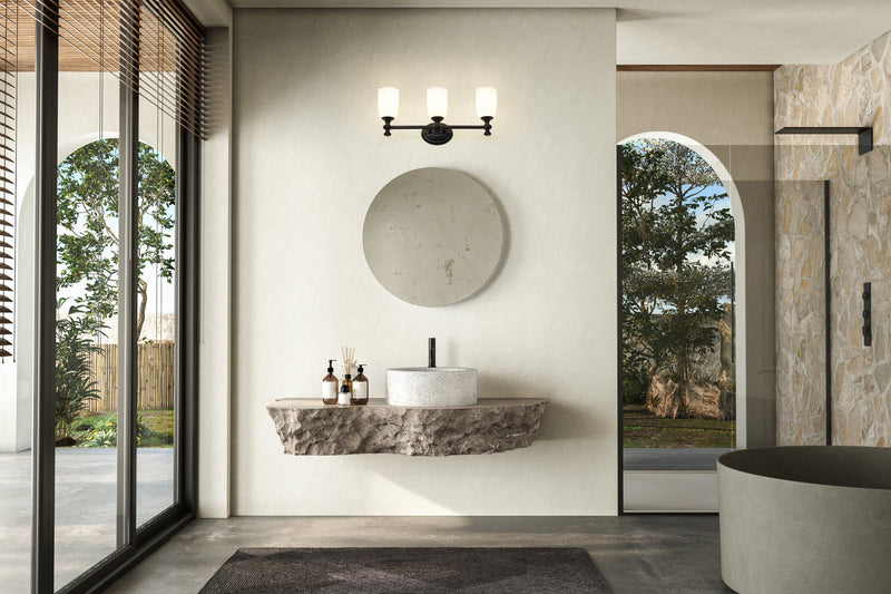Orion 3 Light 22" Vanity in Matte Black in a room setting