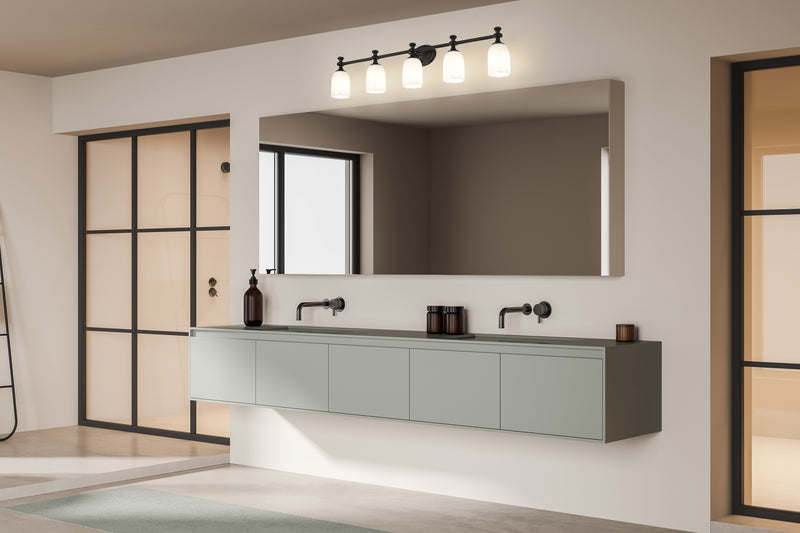 Orion 5 Light 40.25" Vanity in Matte Black in a room setting