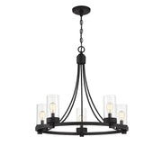 Clear Glass Cylinder 26" 5-Light Chandelier in Matte Black