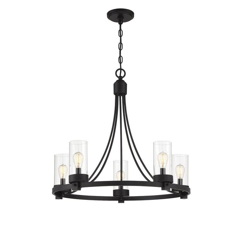 Clear Glass Cylinder 26" 5-Light Chandelier in Matte Black