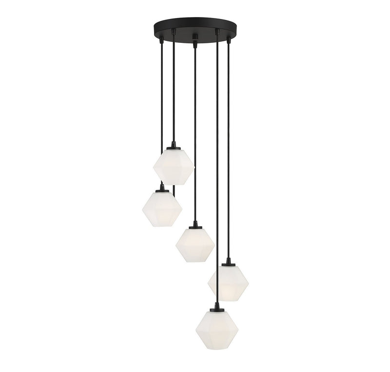 White Glass 16" 5-Light Cluster Pendant in Matte Black