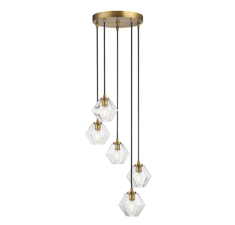 Clear Glass 16" 5-Light Cluster Pendant in Natural Brass