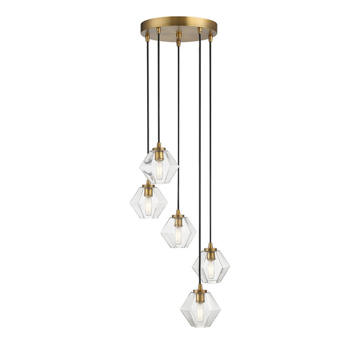 Clear Glass 16" 5-Light Cluster Pendant in Natural Brass