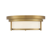 Contemporary White Glass 13" 2-Light Flush Mount in Natural Brass