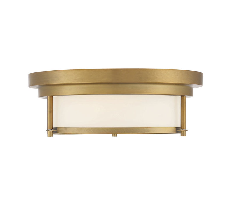 Contemporary White Glass 13" 2-Light Flush Mount in Natural Brass