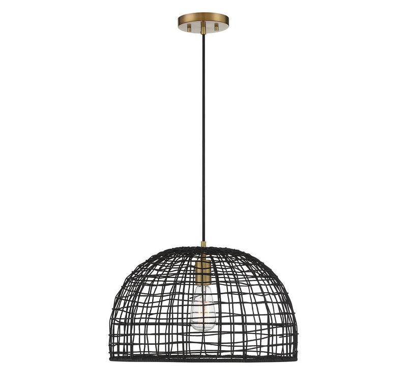 Rattan Cage Dome 18" 1-Light Pendant in Black with Natural Brass Accents