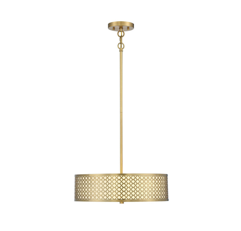 Metal-Framed Fabric Drum 18" 3-Light Pendant in Natural Brass