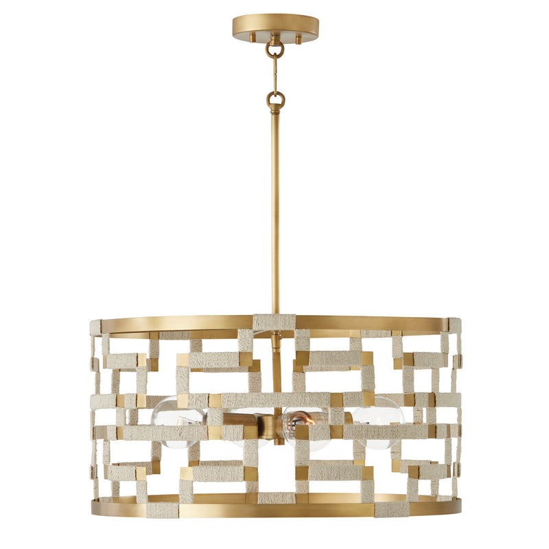 Hala 4-Light Pendant in Bleached Natural Jute and Patinaed Brass - Lamps Expo