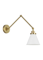 Wellfleet Two-Arm Cone Swing Arm Wall Lamp in Matte White and Burnished Brass