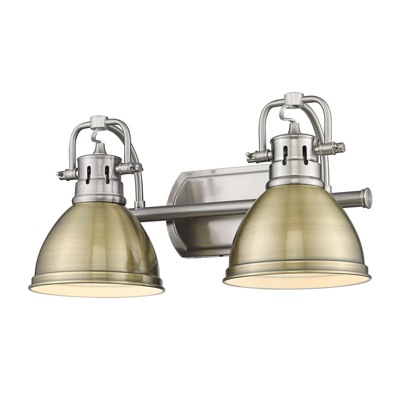 Duncan 2-Light Bath Vanity in Pewter with Aged Brass Shades