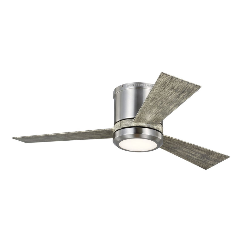 Clarity 42" LED Hugger Ceiling Fan in Brushed Steel with Light Grey Weathered Oak Blades