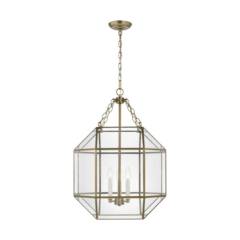 Morrison 3-Light Medium Clear Glass Lantern Pendant in Satin Brass