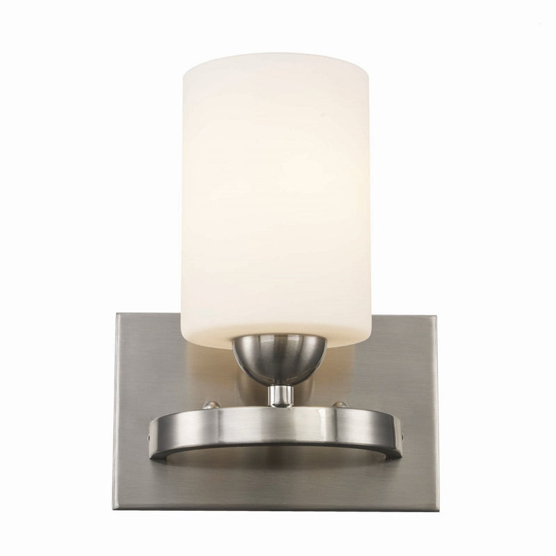 White Glass Cylinder Bath Sconce in Brushed Nickel