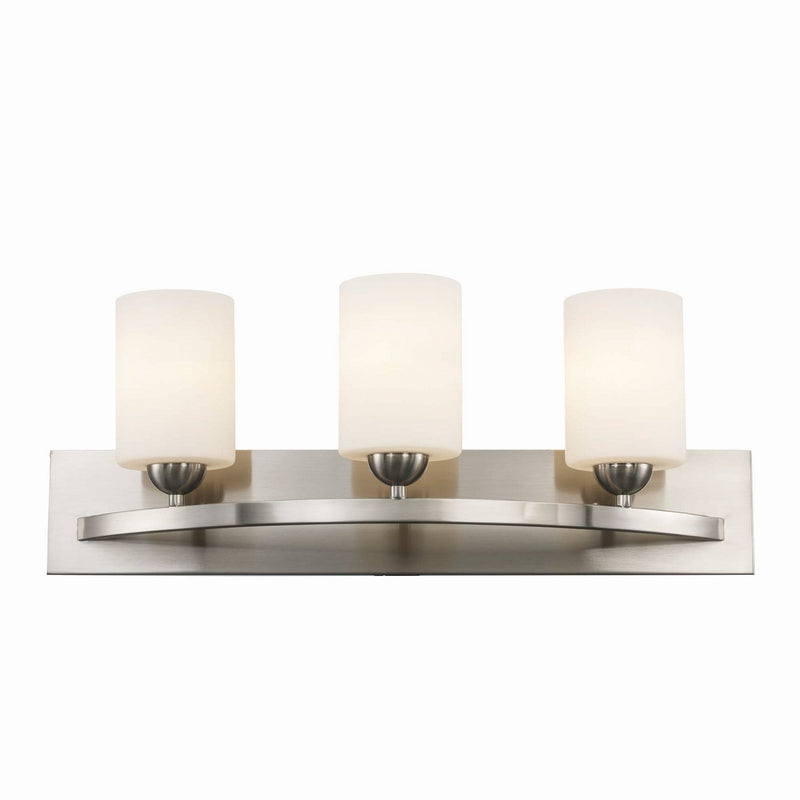 White Glass Cylinder 3-Light Vanity Light in Brushed Nickel