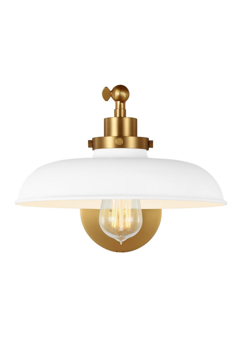 Wellfleet One-Arm Wide Wall Sconce in Matte White and Burnished Brass
