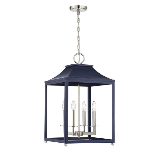 Rectangular 15" 4-Light Lantern Pendant in Navy Blue with Polished Nickel