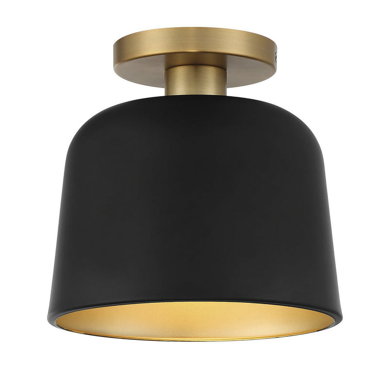 Mid-Century Metal Dome 9" 1-Light Semi-Flush Mount in Matte Black with Natural Brass