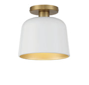 Mid-Century Metal Dome 9" 1-Light Semi-Flush Mount in White with Natural Brass