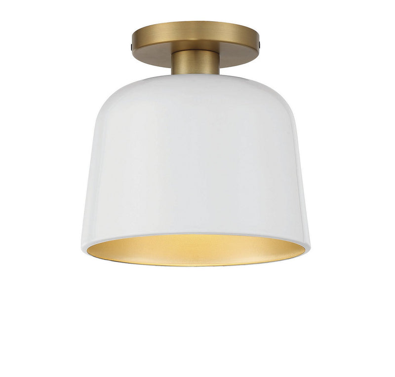 Mid-Century Metal Dome 9" 1-Light Semi-Flush Mount in White with Natural Brass