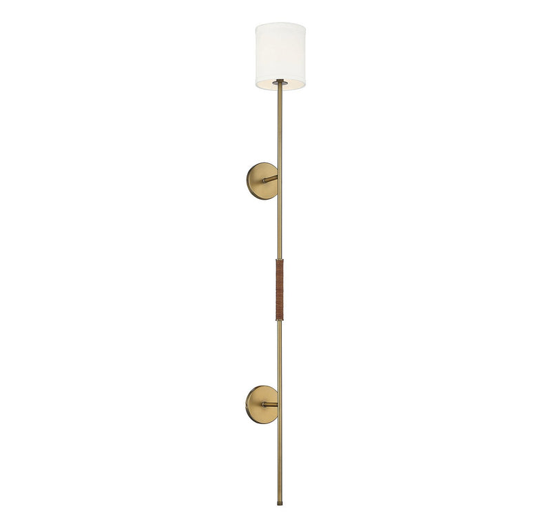 Leather Accent Linen Shade 1-Light Plug-In Wall Sconce in Natural Brass with Leather Accent
