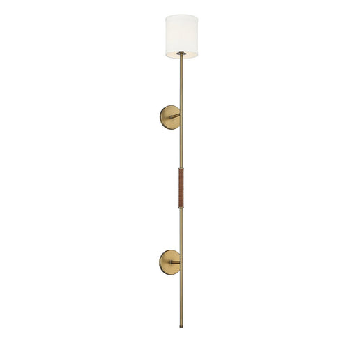 Leather Accent Linen Shade 1-Light Plug-In Wall Sconce in Natural Brass with Leather Accent