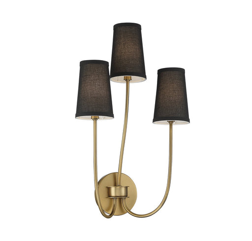 Mid-Century Black Fabric Shade 3-Light Wall Sconce in Natural Brass