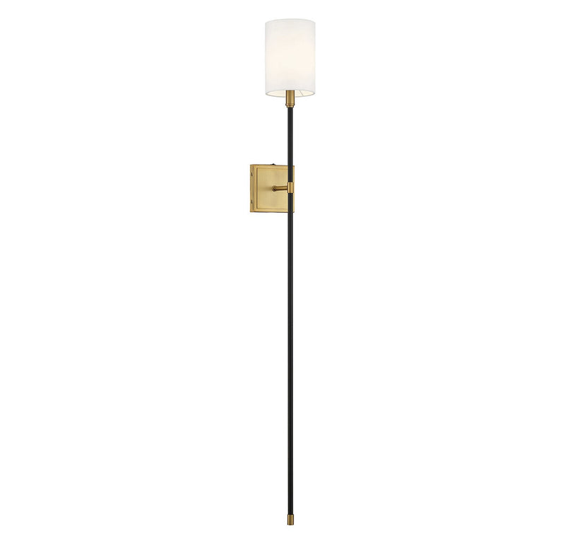 Linen Shade 1-Light Plug-In Wall Sconce in Black with Natural Brass Accents
