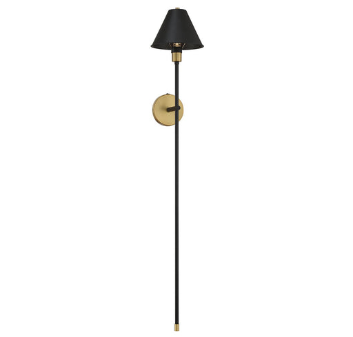 Metal Shade 1-Light Plug-In Wall Sconce in Black with Natural Brass Accents