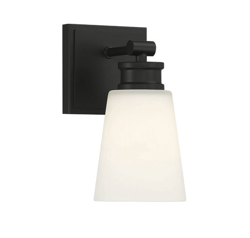 Milk Glass Round Backplate 1-Light Wall Sconce in Matte Black