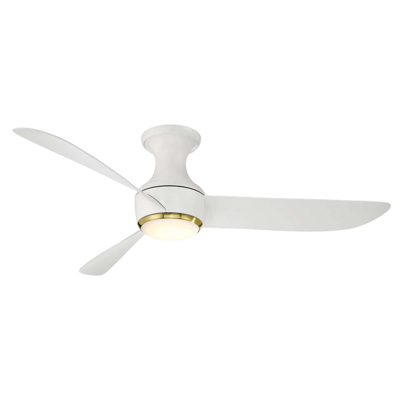 Corona 52" Outdoor Flush Mount Ceiling Fan with Light in Soft Brass / Matte White