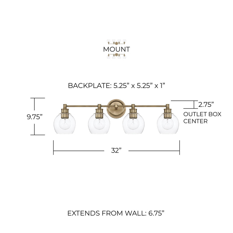 Mid Century 4-Light Bath Vanity Light in Aged Brass