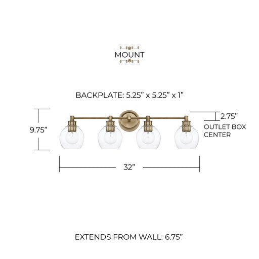 Mid Century 4-Light Bath Vanity Light in Aged Brass