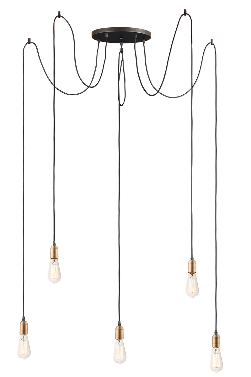 Early Electric 5 Light Pendant in Black / Antique Brass